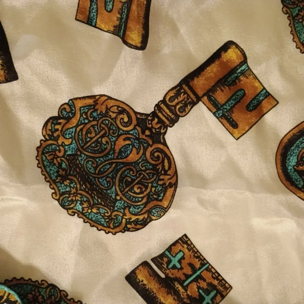 Anne Klein for Vera Co. Scarf Blue Brown Keys Silk Rectangle 51x11 Japan
